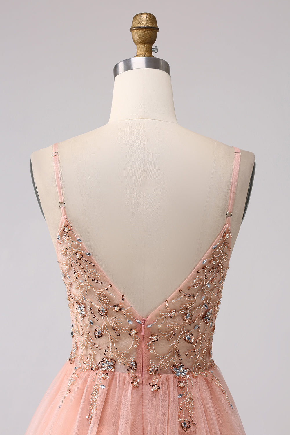 Luolandi Sparkly Blush A-Line Spaghetti Straps Beaded Long Prom Dress With Slit V-neck Sexy