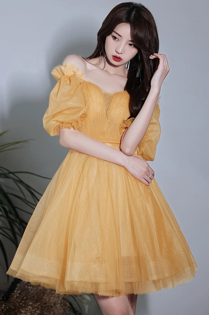 Luolandi Yellow Tulle Short A-Line Prom Dress Party Dress Pure Color