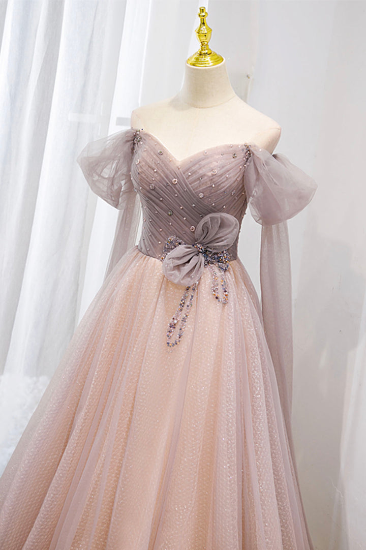 Luolandi Pink Tulle Beaded Long Prom Dress Off the Shoulder Evening Dress With Bow