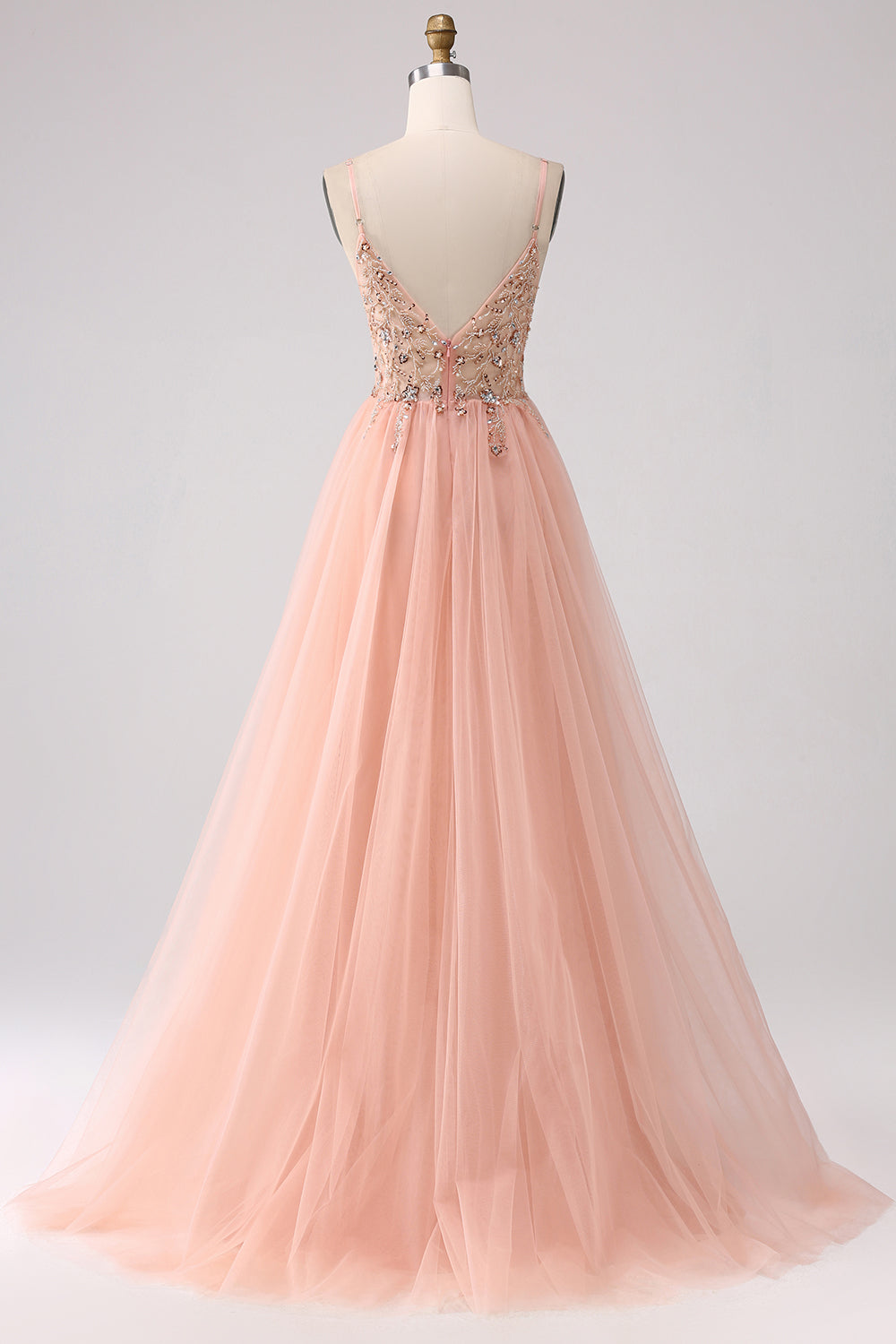 Luolandi Sparkly Blush A-Line Spaghetti Straps Beaded Long Prom Dress With Slit V-neck Sexy