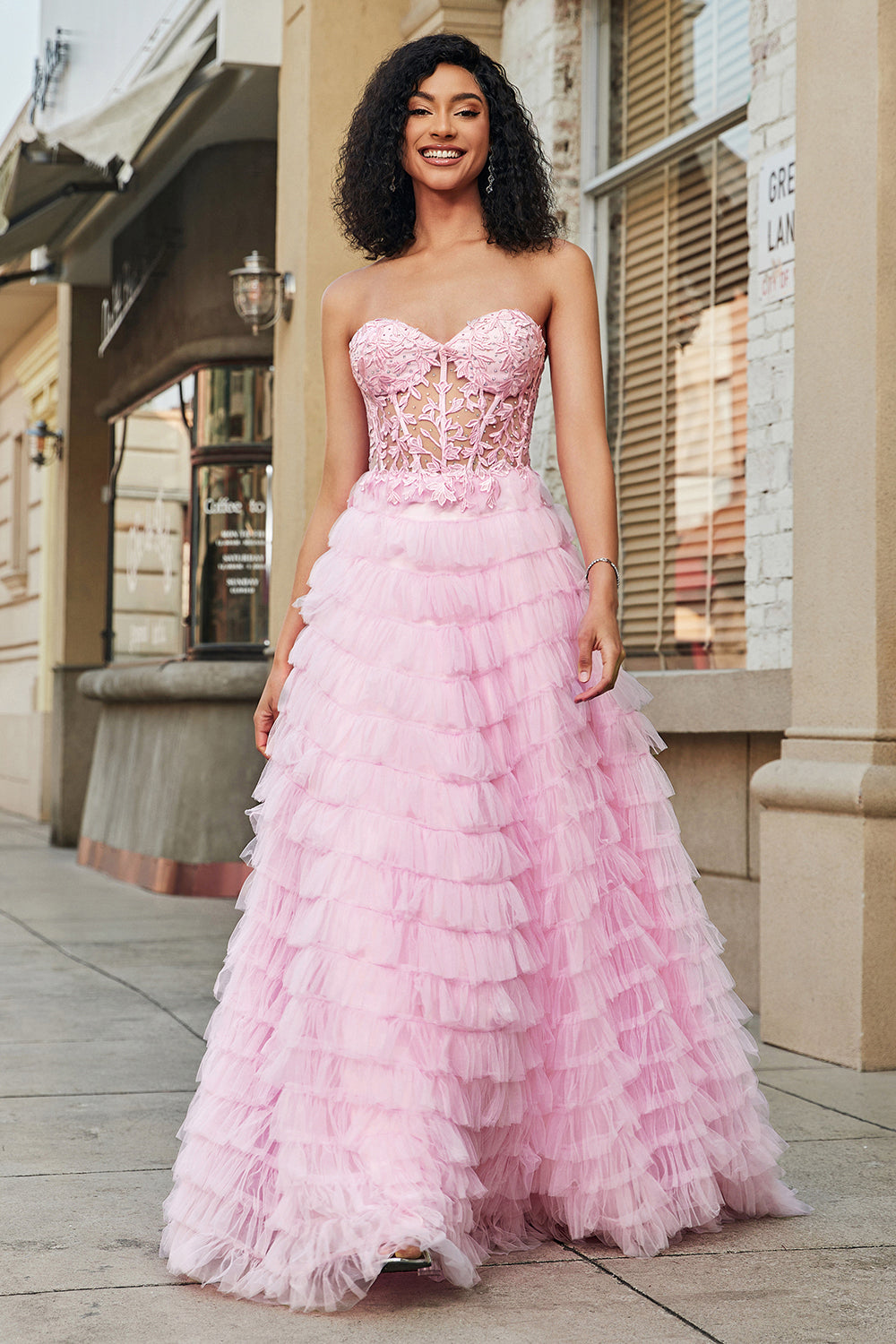 Luolandi Pink A Line Sweetheart Pleated Tiered Long Prom Dress Off Shoulder Floor Length
