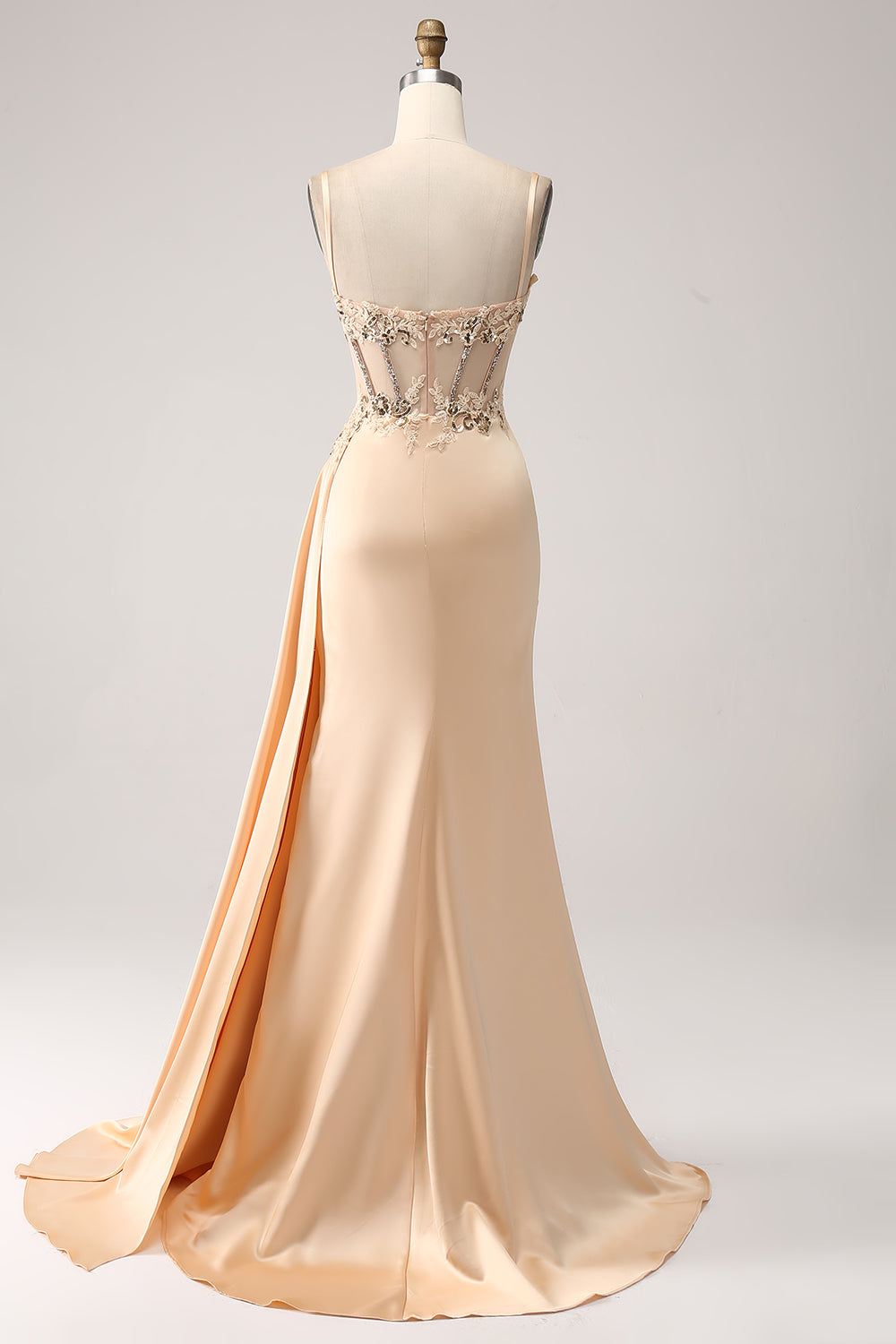 Luolandi Elegant Champagne Mermaid Pleated Satin Prom Dress With Appliques Sexy With Slit