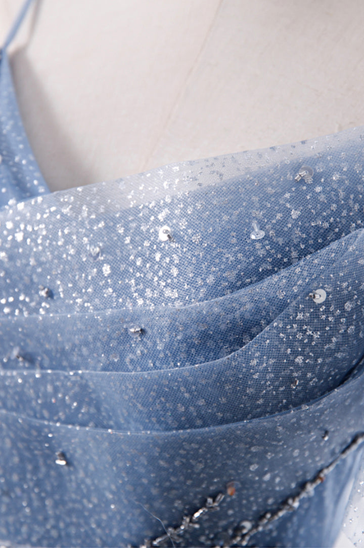 Luolandi Blue Tulle Long A-Line Prom Dresses Spaghetti Strap Evening Dresses Sparkly