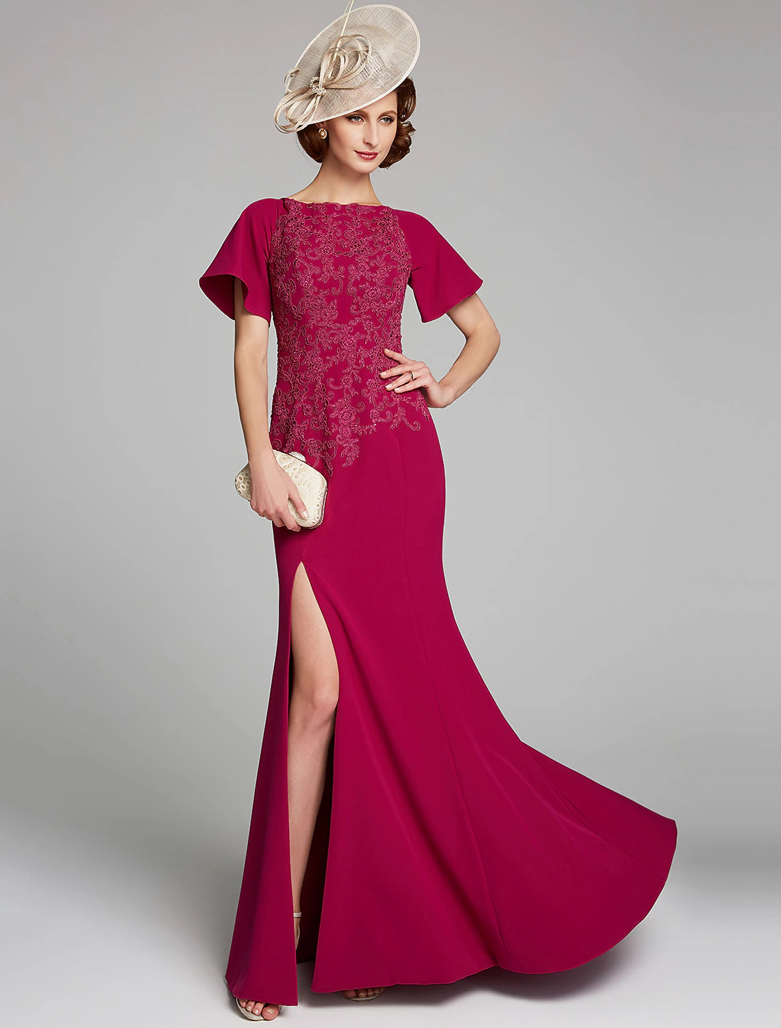 Luolandi Mermaid / Trumpet Mother of the Bride Dress Bateau Neck Floor Length Chiffon Lace Short Sleeve with Lace