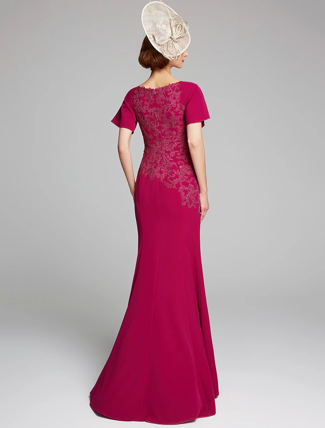 Luolandi Mermaid / Trumpet Mother of the Bride Dress Bateau Neck Floor Length Chiffon Lace Short Sleeve with Lace