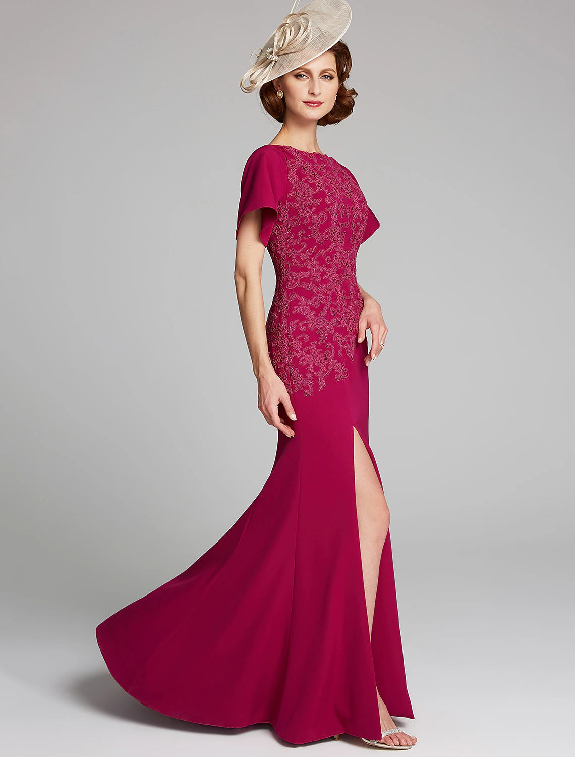 Luolandi Mermaid / Trumpet Mother of the Bride Dress Bateau Neck Floor Length Chiffon Lace Short Sleeve with Lace