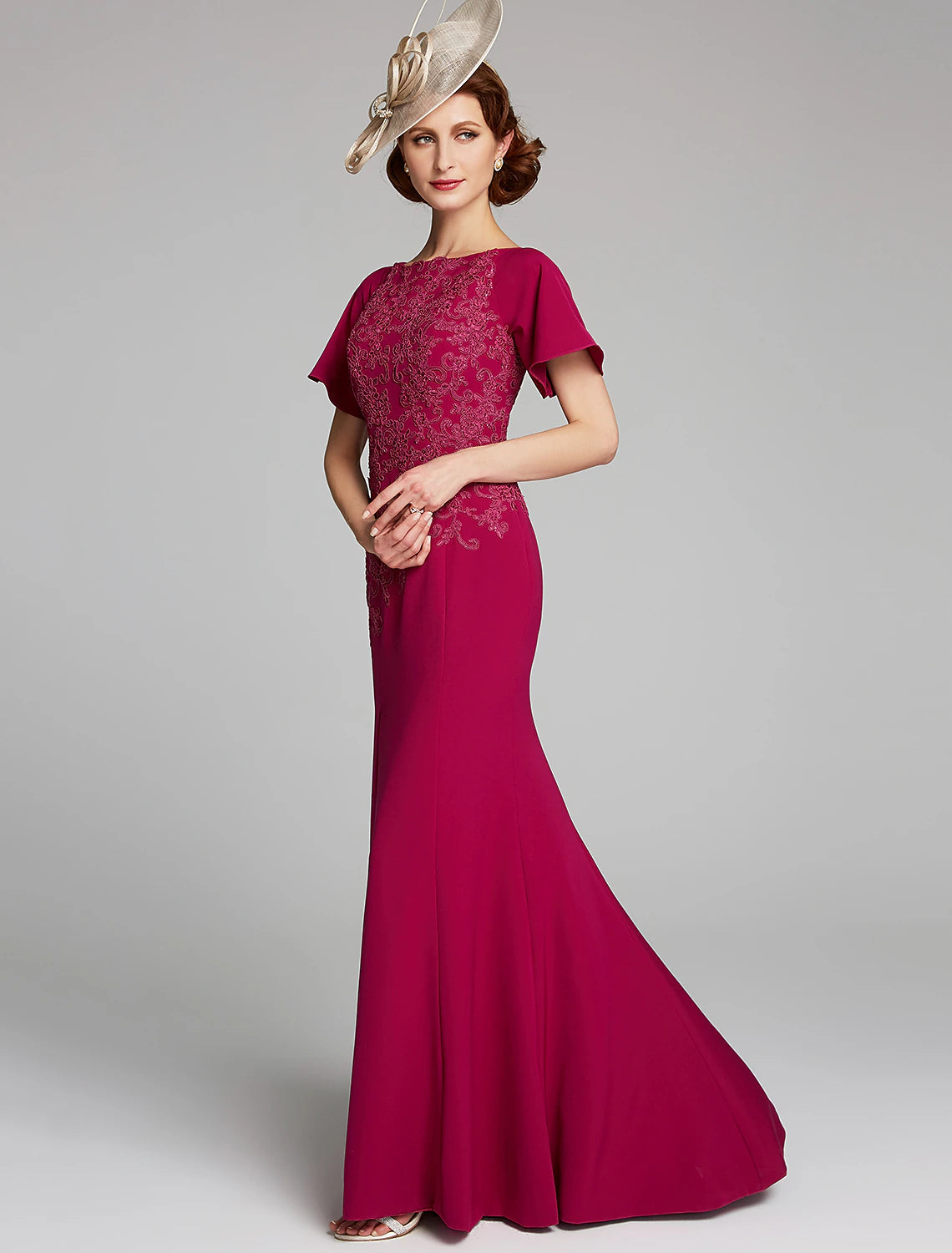 Luolandi Mermaid / Trumpet Mother of the Bride Dress Bateau Neck Floor Length Chiffon Lace Short Sleeve with Lace