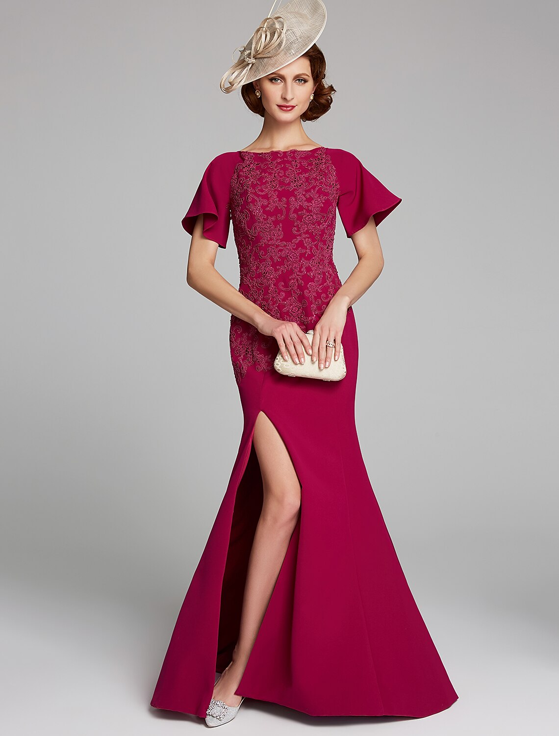 Luolandi Mermaid / Trumpet Mother of the Bride Dress Bateau Neck Floor Length Chiffon Lace Short Sleeve with Lace