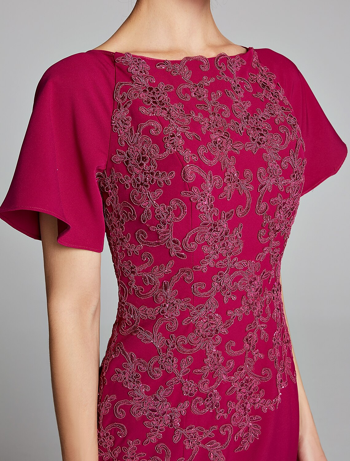 Luolandi Mermaid / Trumpet Mother of the Bride Dress Bateau Neck Floor Length Chiffon Lace Short Sleeve with Lace