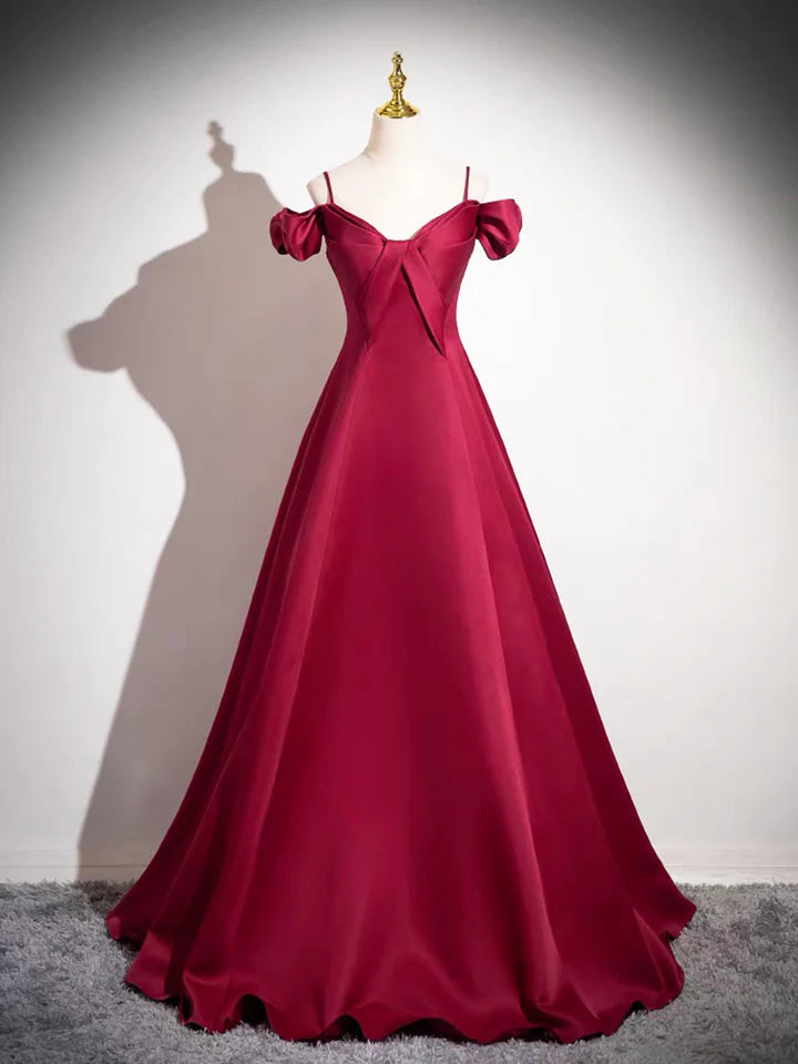 Luolandi Burgundy Spaghetti Strap Satin Long Prom Dress A-Line Evening Party Dress Sexy