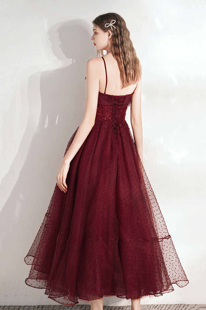 Luolandi Burgundy Tulle Sequins Tea Length Prom Dress A-Line Party Dress Sparkly