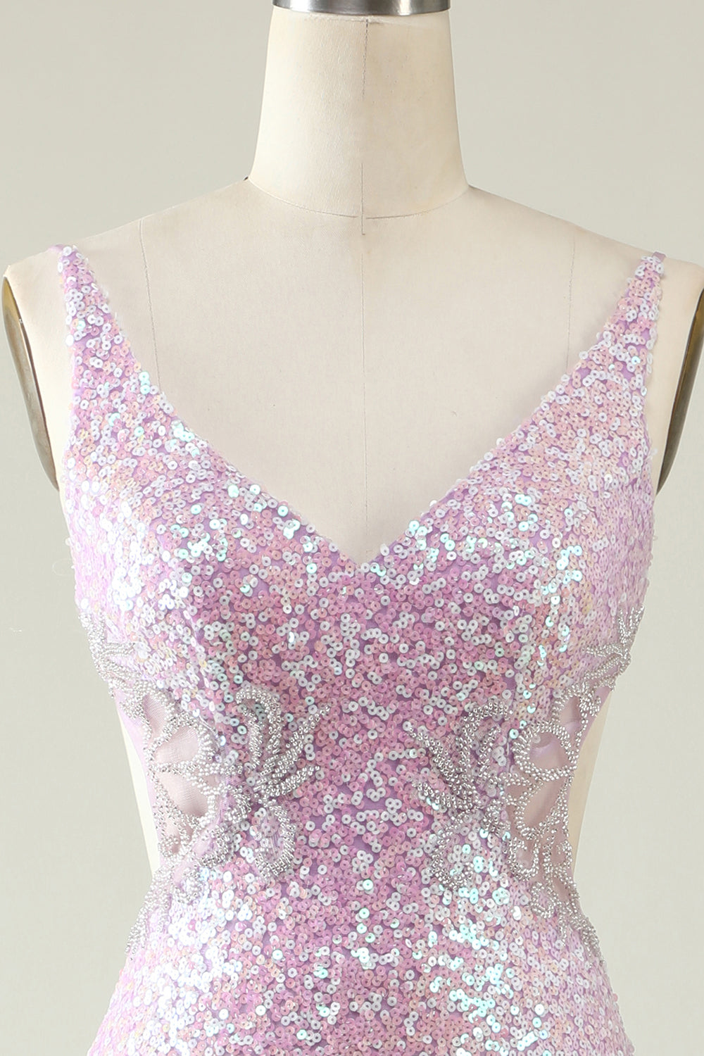 Luolandi Lilac Sheath V Neck Sequins Long Prom Dress with Split Front Sparkly