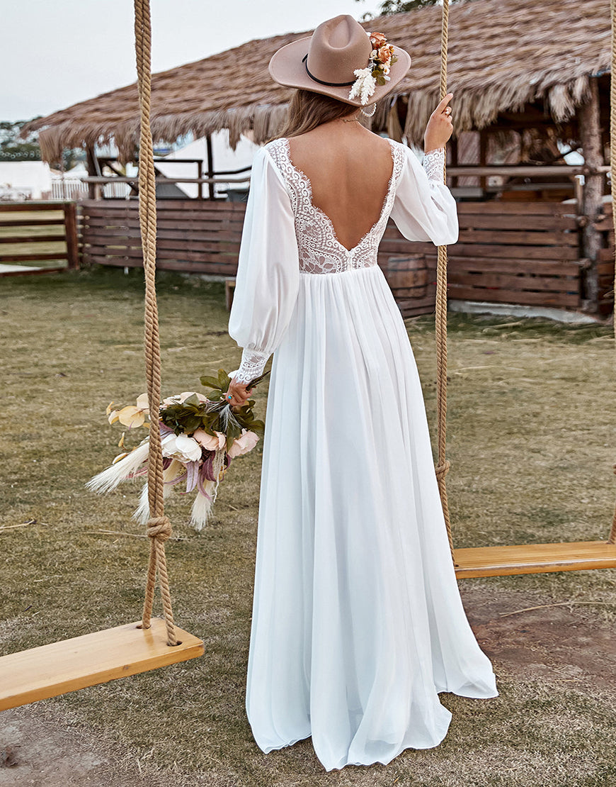 Luolandi Ivory Lace Chiffon V-Neck Long Sleeve Boho Wedding Dress With Slit