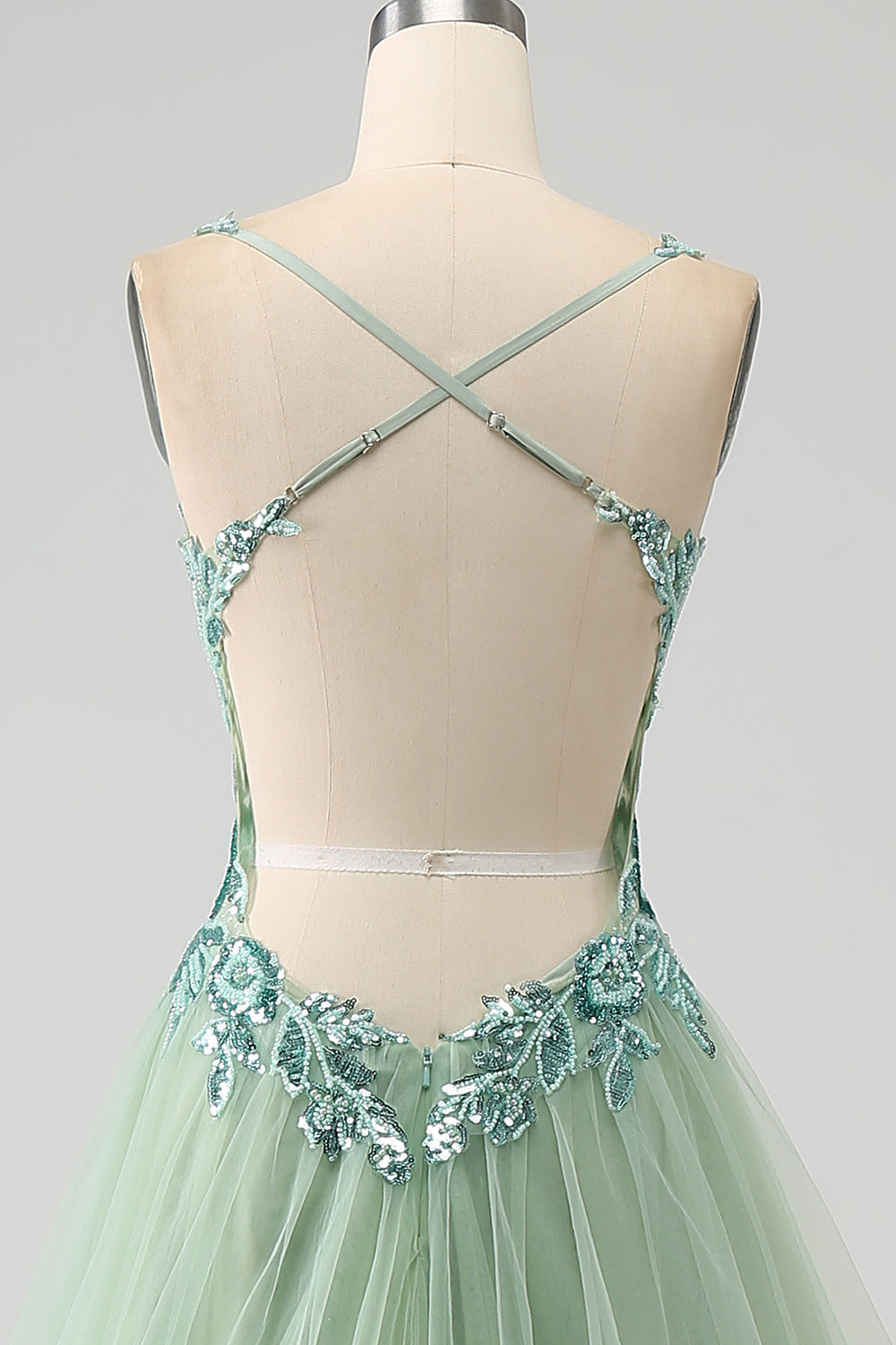 Luolandi Gorgeous Light Green A Line Spaghetti Straps Long Prom Dress with Appliques V-neck