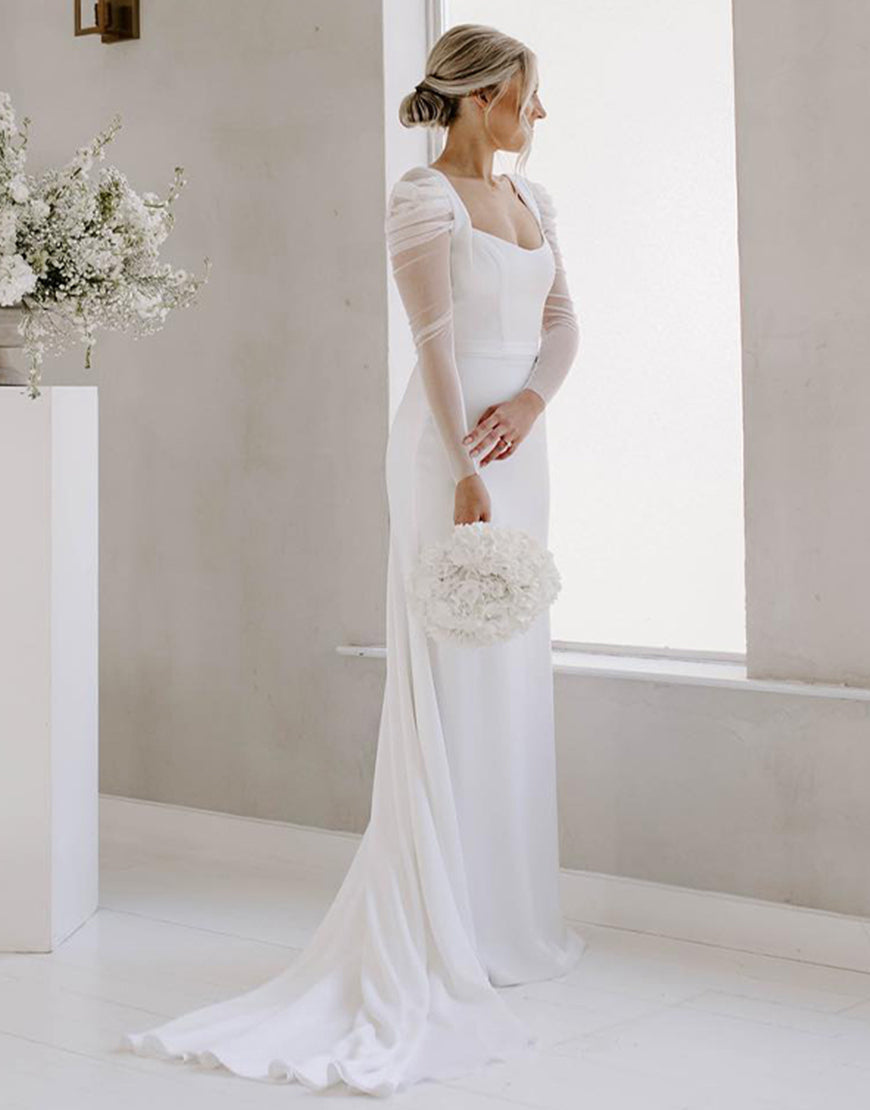 Luolandi Sheath Long Sleeves Elegant Wedding Dress Open Back Floor Length