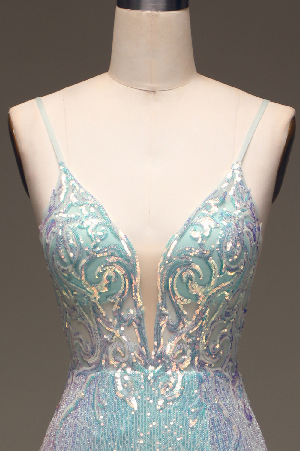 Luolandi Sparkly Blue Mermaid Spaghetti Straps Sequin Prom Dress With Slit Sexy