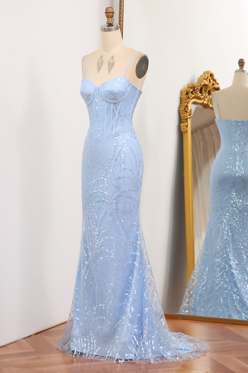Luolandi Glitter Light Blue Mermaid Long Prom Dress With Sequined Appliques Sexy Evening Dresses