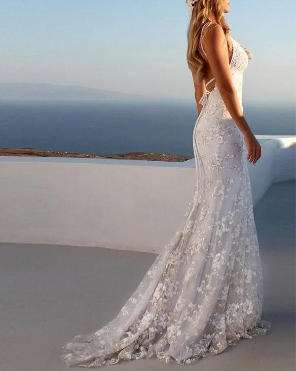Luolandi Ivory Elegent Lace V-Neck Sleeveless Long Wedding Dress Open Back Sexy