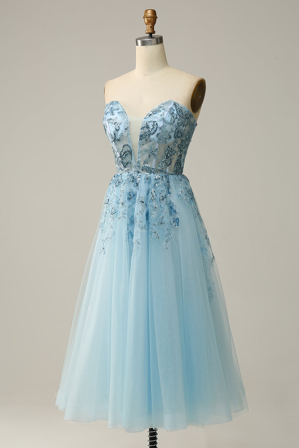 Luolandi Sky Blue A Line Sweetheart Midi Sequins Wedding Party Dress Homecoming Dresses