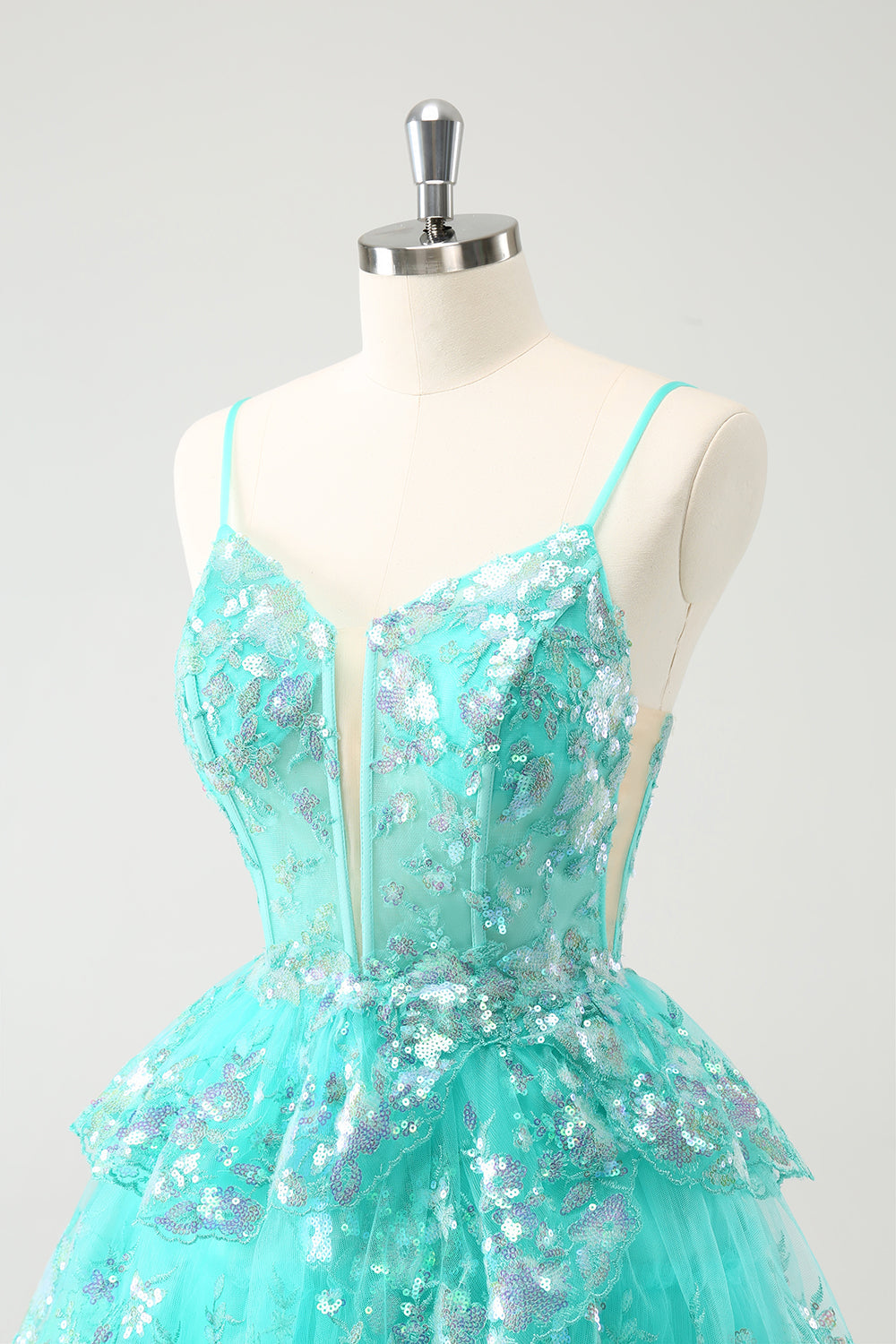 Luolandi Cute Sparkly Green A Line Spaghetti Straps Corset Tiered Short Homecoming Dress Sexy