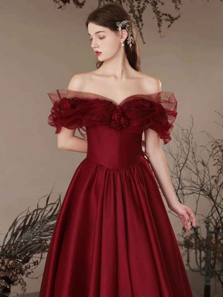 Luolandi Burgundy Satin Off the Shoulder Floor Length Prom Dress Beautiful A-Line Evening Dress Sexy