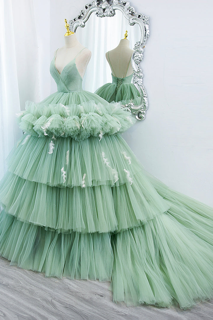 Luolandi Green V-Neck Layers Tulle Long Ball Gown A-Line Formal Gown Prom Dress