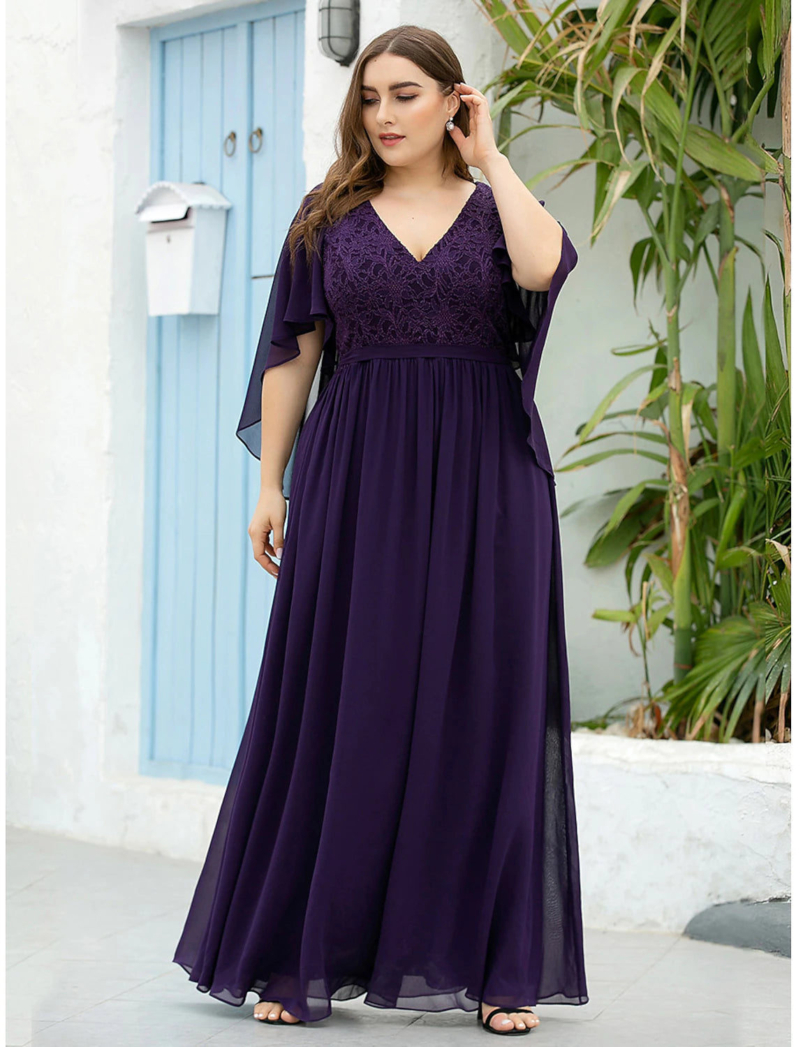 Luolandi A-Line Mother of the Bride Dress Plus Size Elegant V Neck Floor Length Chiffon Tulle Half Sleeve with Sash
