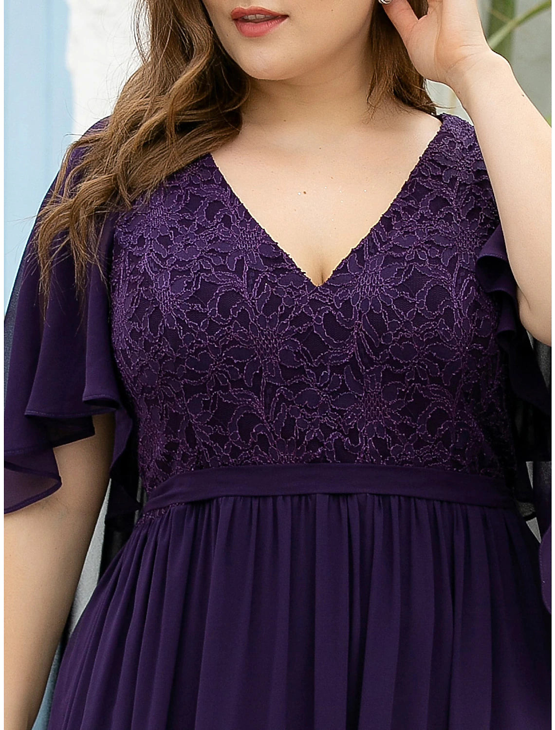 Luolandi A-Line Mother of the Bride Dress Plus Size Elegant V Neck Floor Length Chiffon Tulle Half Sleeve with Sash