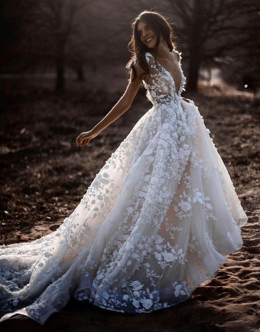 Luolandi A-Line V-Neck Cap Sleeves Wedding Dress with Sweep Train Open Back Beautiful