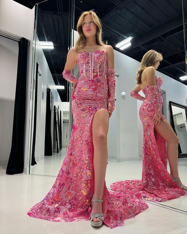 Luolandi Strapless Pink Front Split Simple Elegant Long Appliques Prom Dresses Sexy Evening Dresses