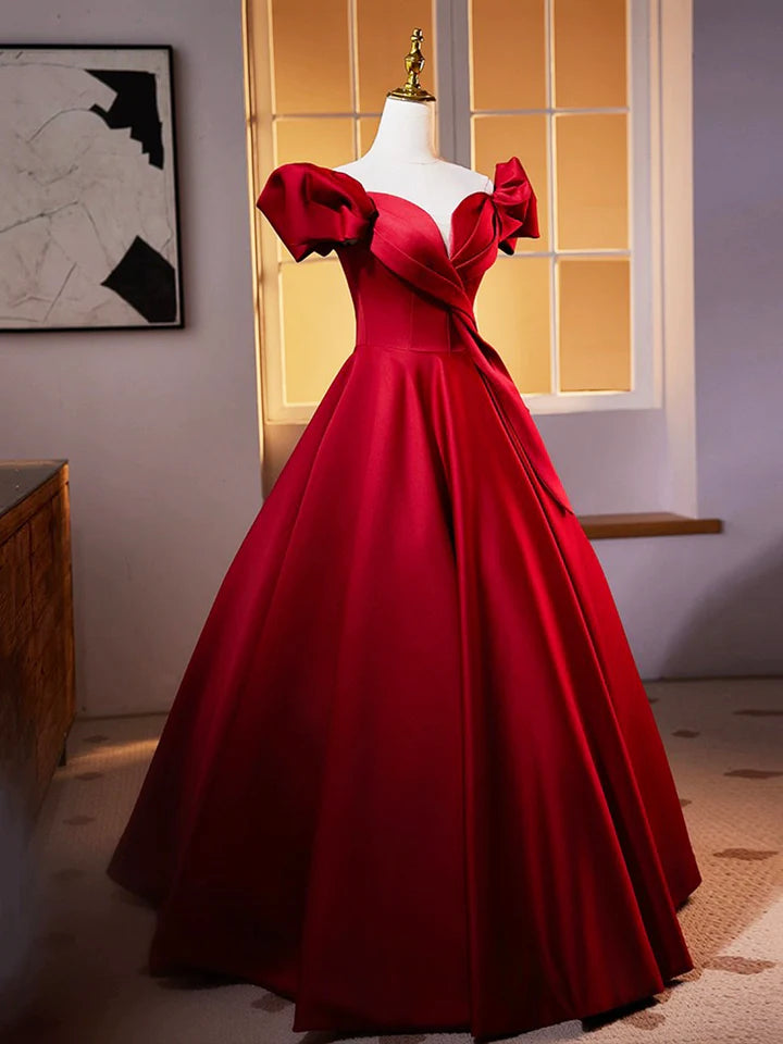 Luolandi Dark Red Satin Long Prom Dress Off the Shoulder A-Line Formal Evening Dress Sexy