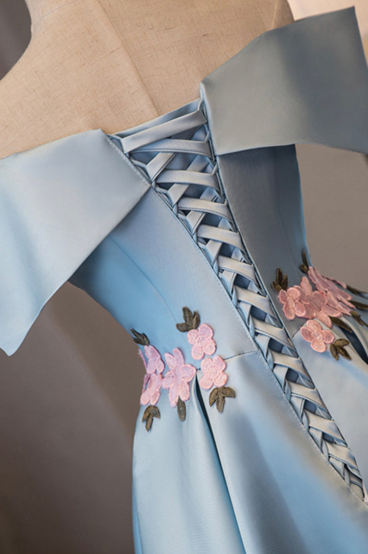 Luolandi Blue Satin Off the Shoulder Prom Dresses A-Line Homecoming Dresses With Flowers