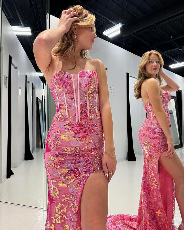 Luolandi Strapless Pink Front Split Simple Elegant Long Appliques Prom Dresses Sexy Evening Dresses