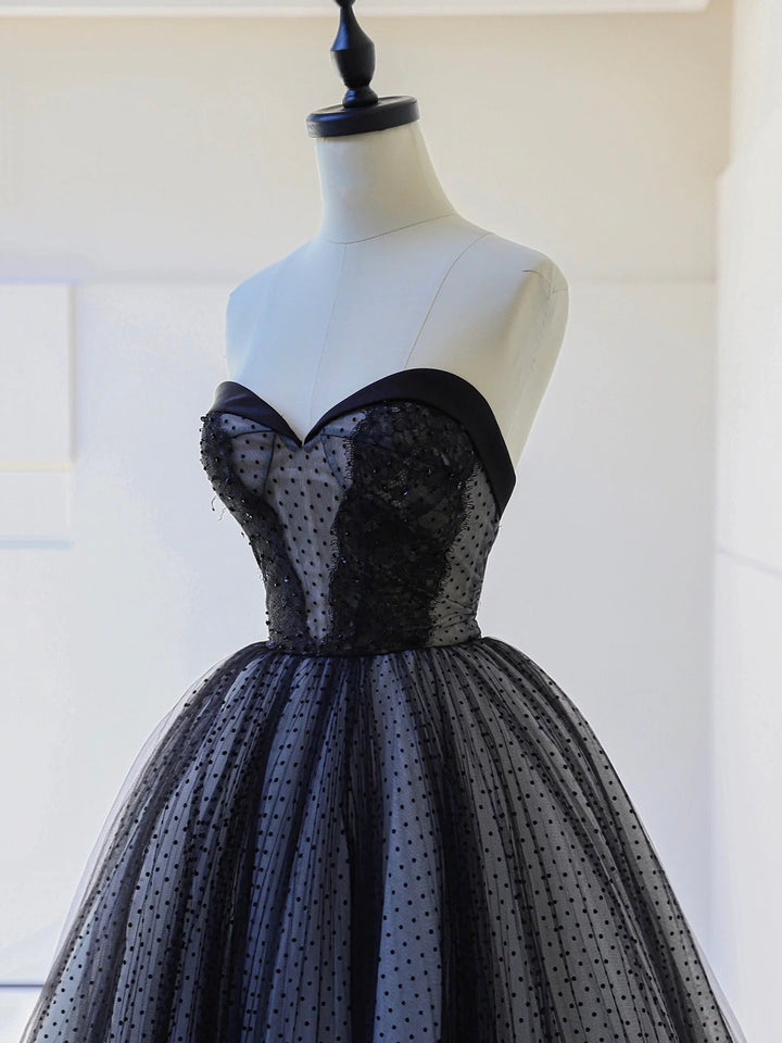 Luolandi Strapless Tulle Lace Long Prom Dress Black A-Line Sweetheart Neck Evening Party Dress