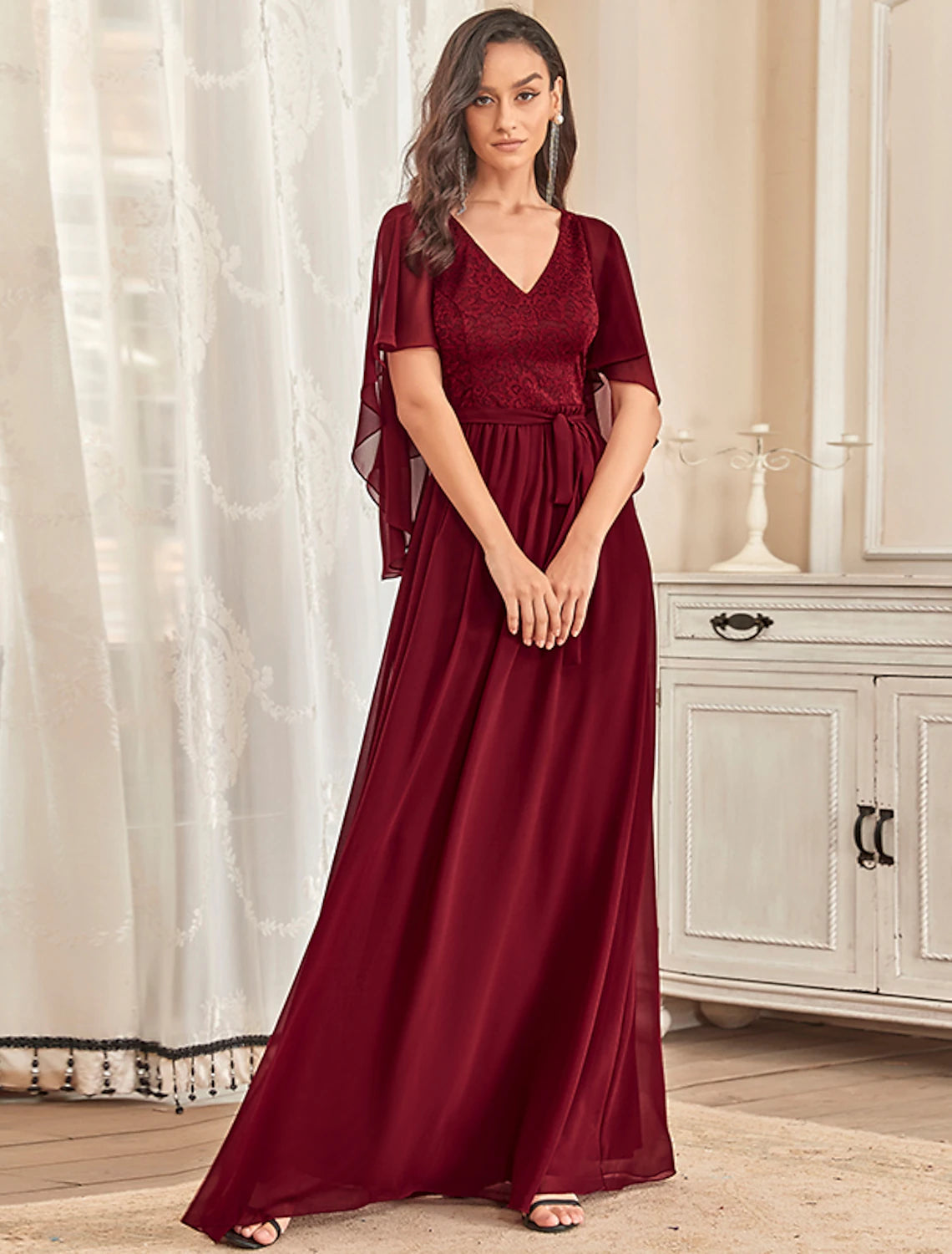 Luolandi A-Line Mother of the Bride Dress Plus Size Elegant V Neck Floor Length Chiffon Tulle Half Sleeve with Sash