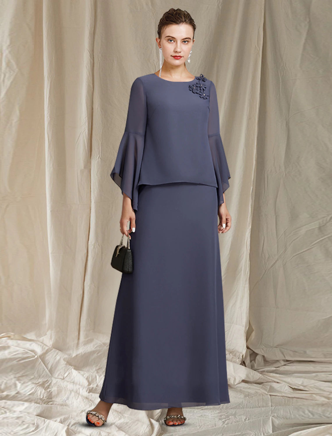 Luolandi A-Line Mother of the Bride Dress Plus Size Elegant Jewel Neck Ankle Length Chiffon Long Sleeve