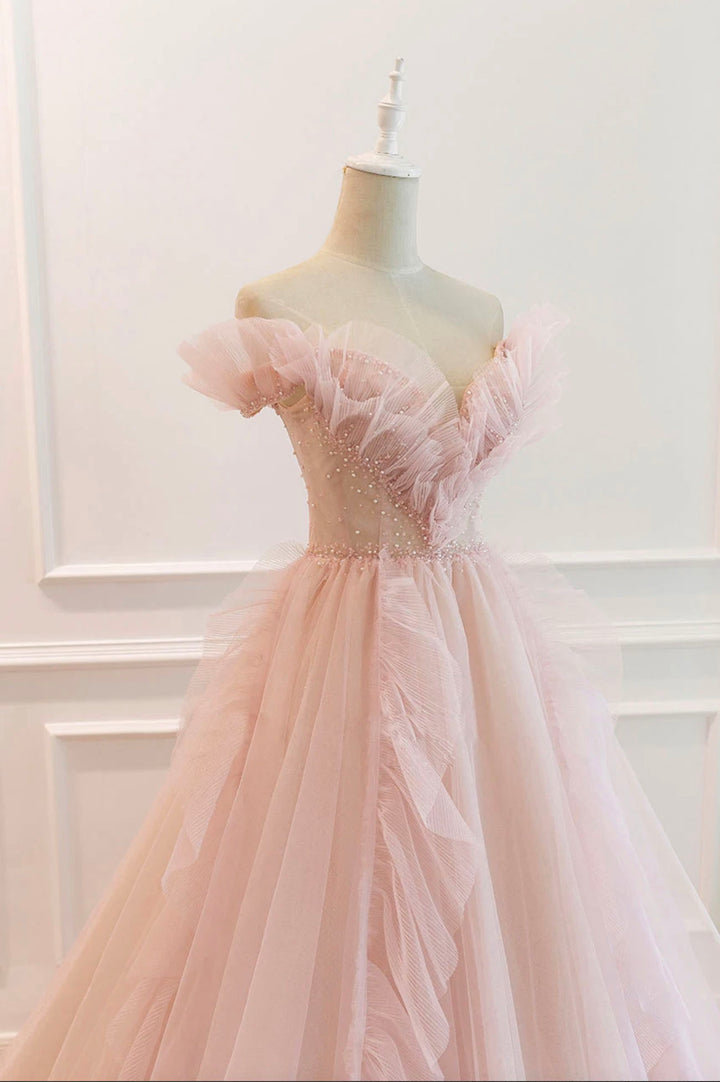 Luolandi Pink Tulle Long Prom Dresses A-Line Graduation Dresses Off Shoulder Beautiful
