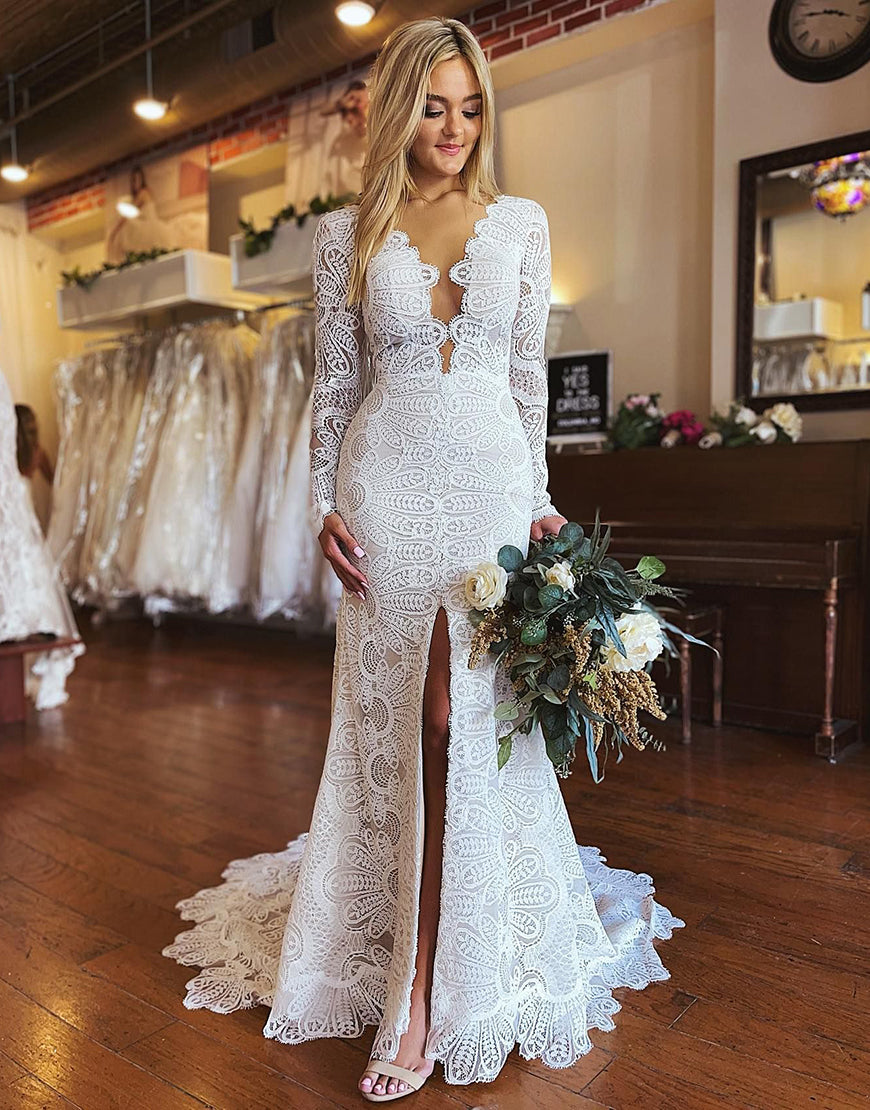 Luolandi Mermaid Boho Lace Wedding Dress with Long Sleeves Open Back Sexy Bridal Gown