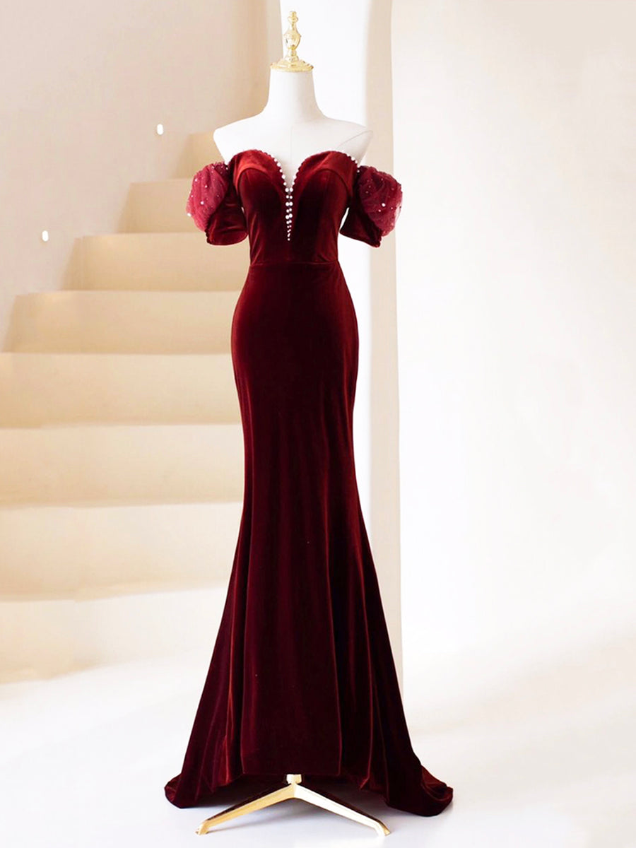 Luolandi Burgundy Velvet Long Prom Dress Mermaid Off Shoulder Evening Party Dress Sexy