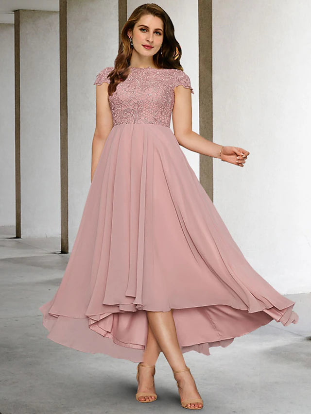 Luolandi A-Line Plus Size Curve Mother of the Bride Dresses Elegant Dress Formal Asymmetrical Short Sleeve Jewel Neck Chiffon