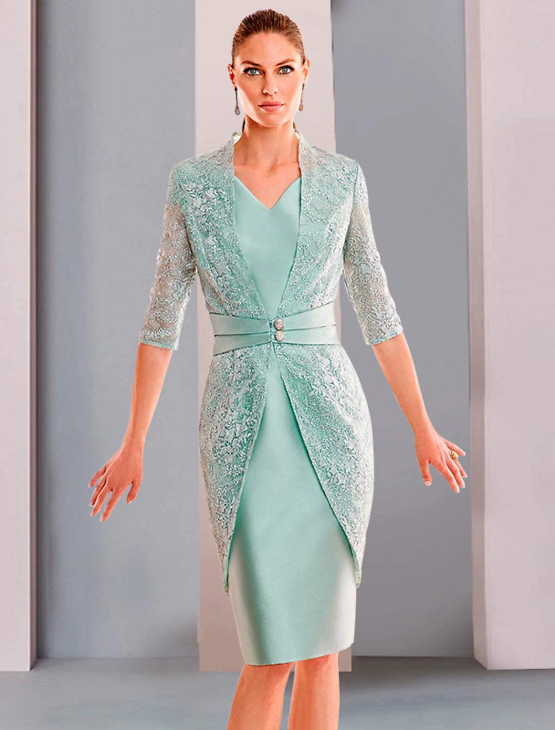 Luolandi Sheath / Column Mother of the Bride Dress Formal Wedding Guest Minimalist Elegant V Neck Knee Length Satin Lace Half Sleeve