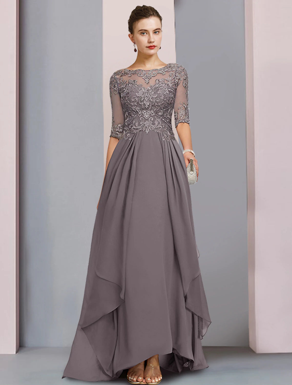 Luolandi Sheath / Column Mother of the Bride Dress Wedding Guest Party Elegant Scoop Neck Asymmetrical Chiffon Lace Half Sleeve