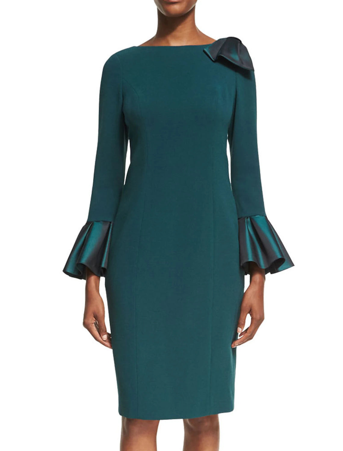 Luolandi Sheath / Column Mother of the Bride Dress Vintage Minimalist Elegant Jewel Neck Knee Length Shantung Satin Fabric Long Sleeve with Bow(s)