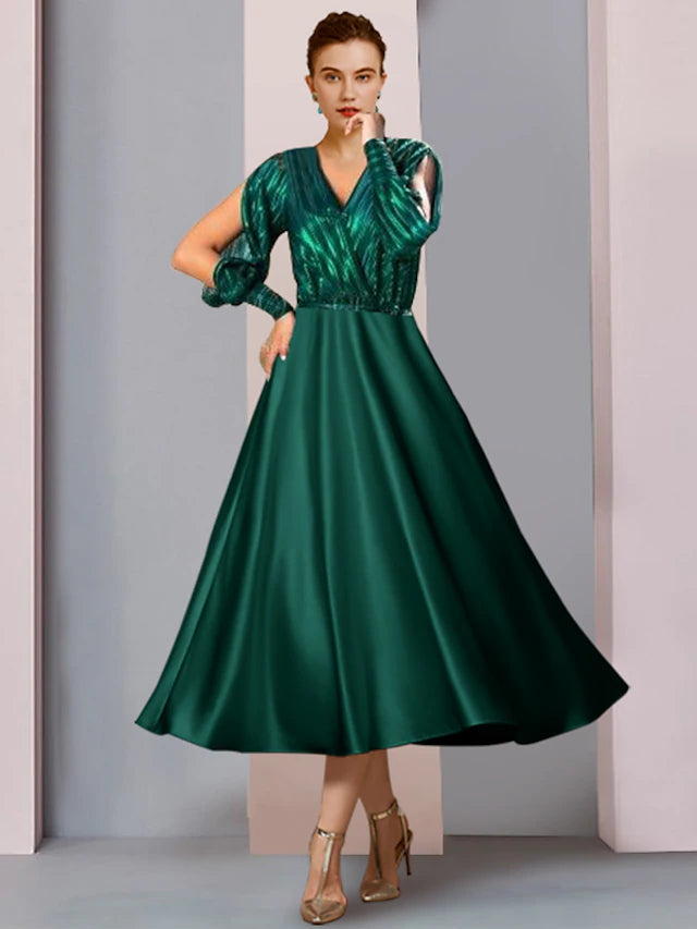 Luolandi A-Line Mother of the Bride Dress Formal Wedding Guest Party Sparkle & Shine V Neck Tea Length Satin Charmeuse Half Sleeve