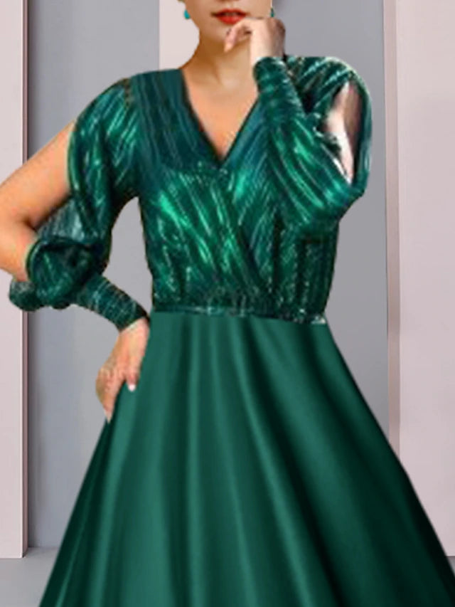 Luolandi A-Line Mother of the Bride Dress Formal Wedding Guest Party Sparkle & Shine V Neck Tea Length Satin Charmeuse Half Sleeve