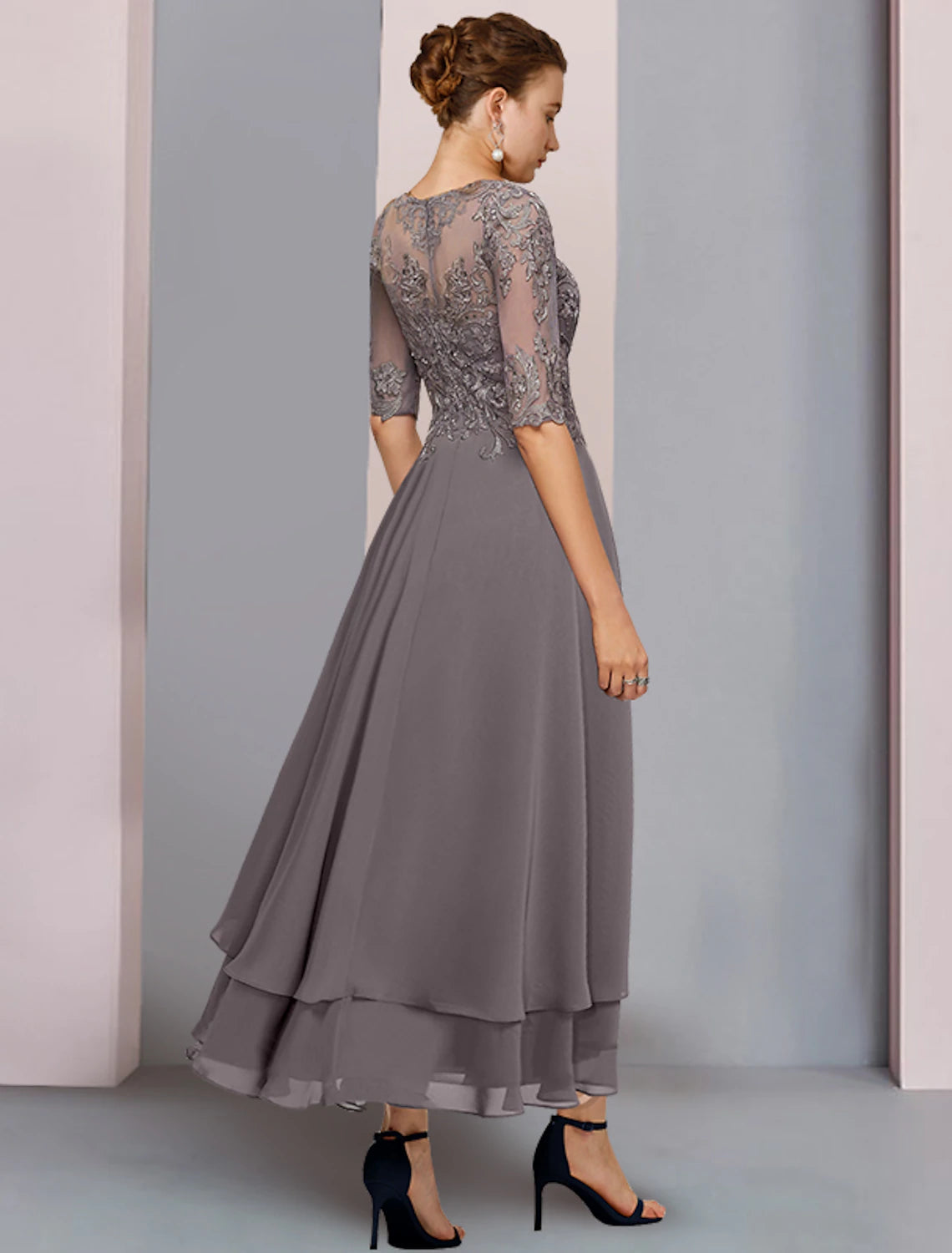 Luolandi A-Line Mother of the Bride Dress Formal Wedding Guest Elegant Scoop Neck Asymmetrical Tea Length Chiffon Lace 3/4 Length Sleeve with Beading