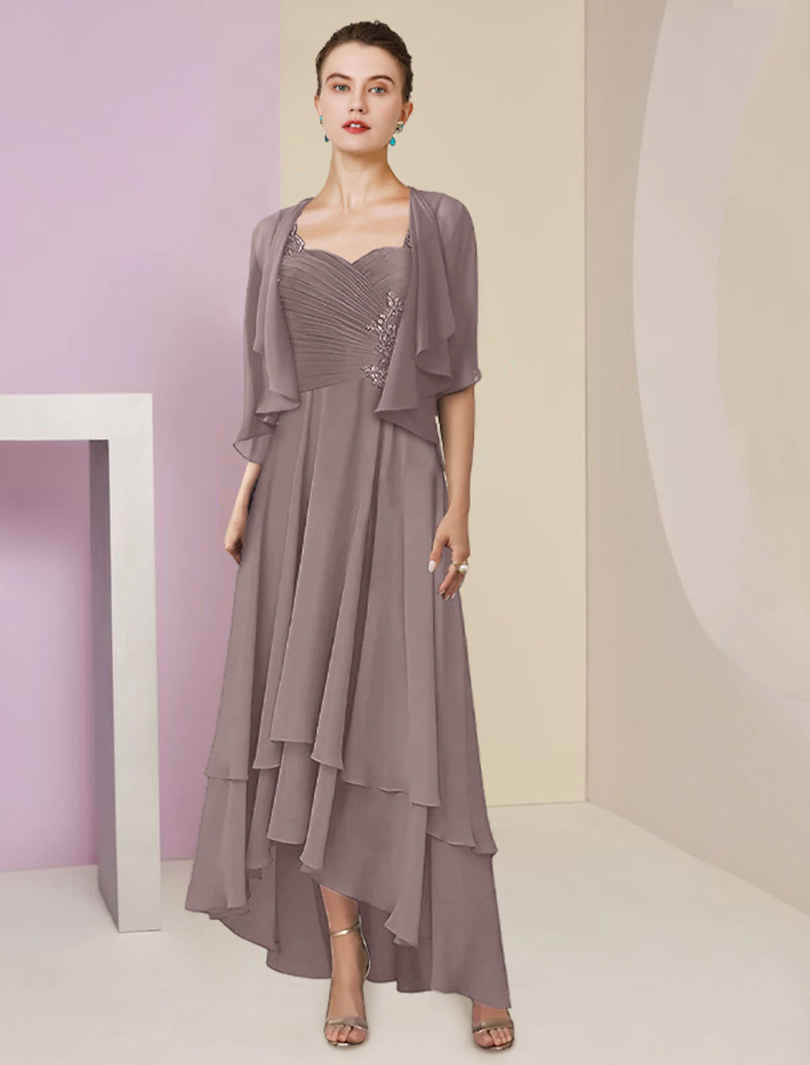 Luolandi Two Piece A-Line Mother of the Bride Dress Formal Wedding Guest Elegant Square Neck Asymmetrical Tea Length Chiffon Lace 3/4 Length Sleeve Wrap Included