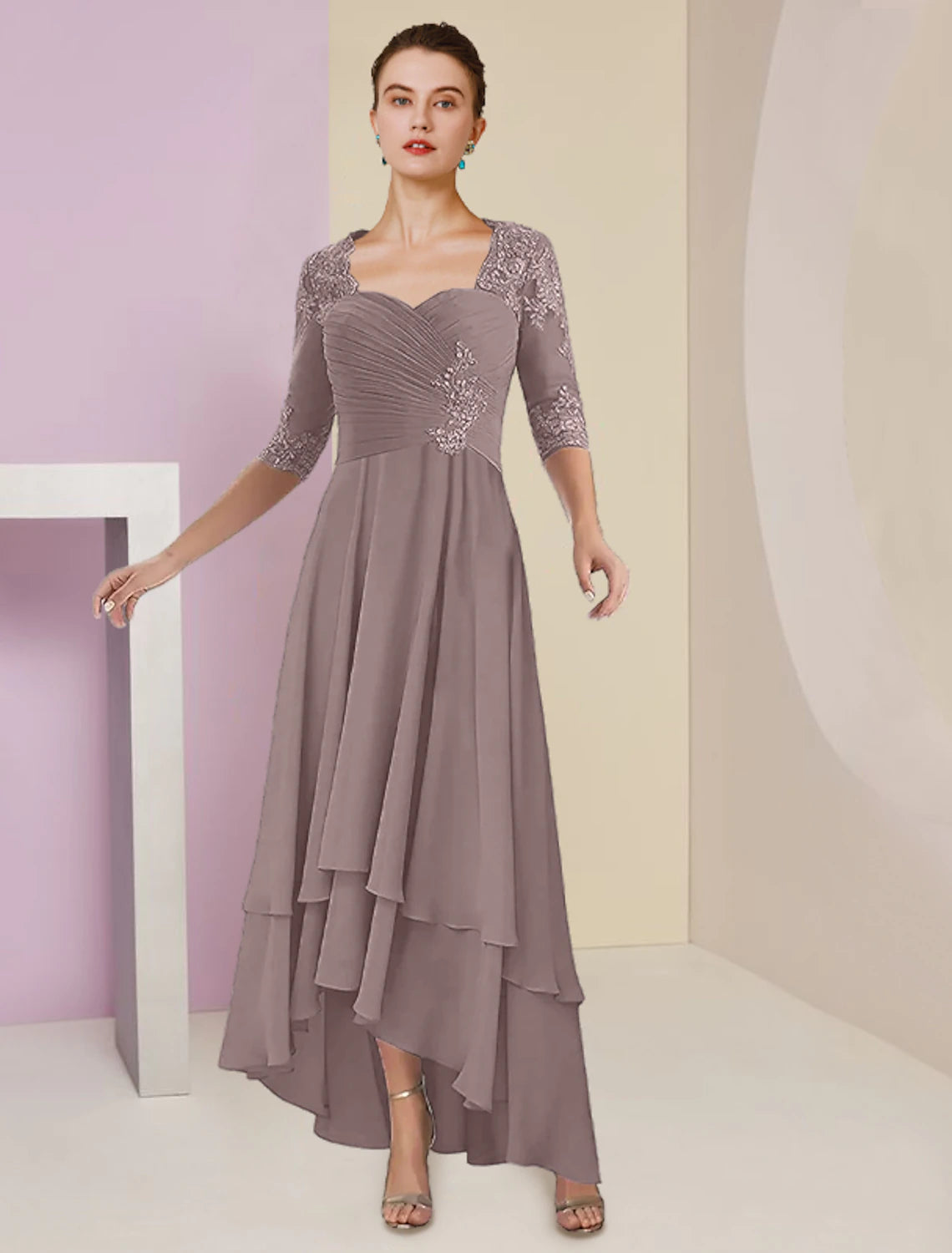 Luolandi Two Piece A-Line Mother of the Bride Dress Formal Wedding Guest Elegant Square Neck Asymmetrical Tea Length Chiffon Lace 3/4 Length Sleeve Wrap Included