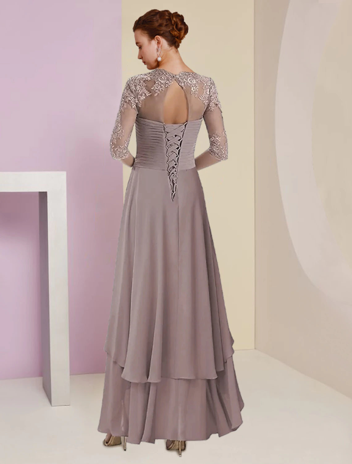 Luolandi Two Piece A-Line Mother of the Bride Dress Formal Wedding Guest Elegant Square Neck Asymmetrical Tea Length Chiffon Lace 3/4 Length Sleeve Wrap Included