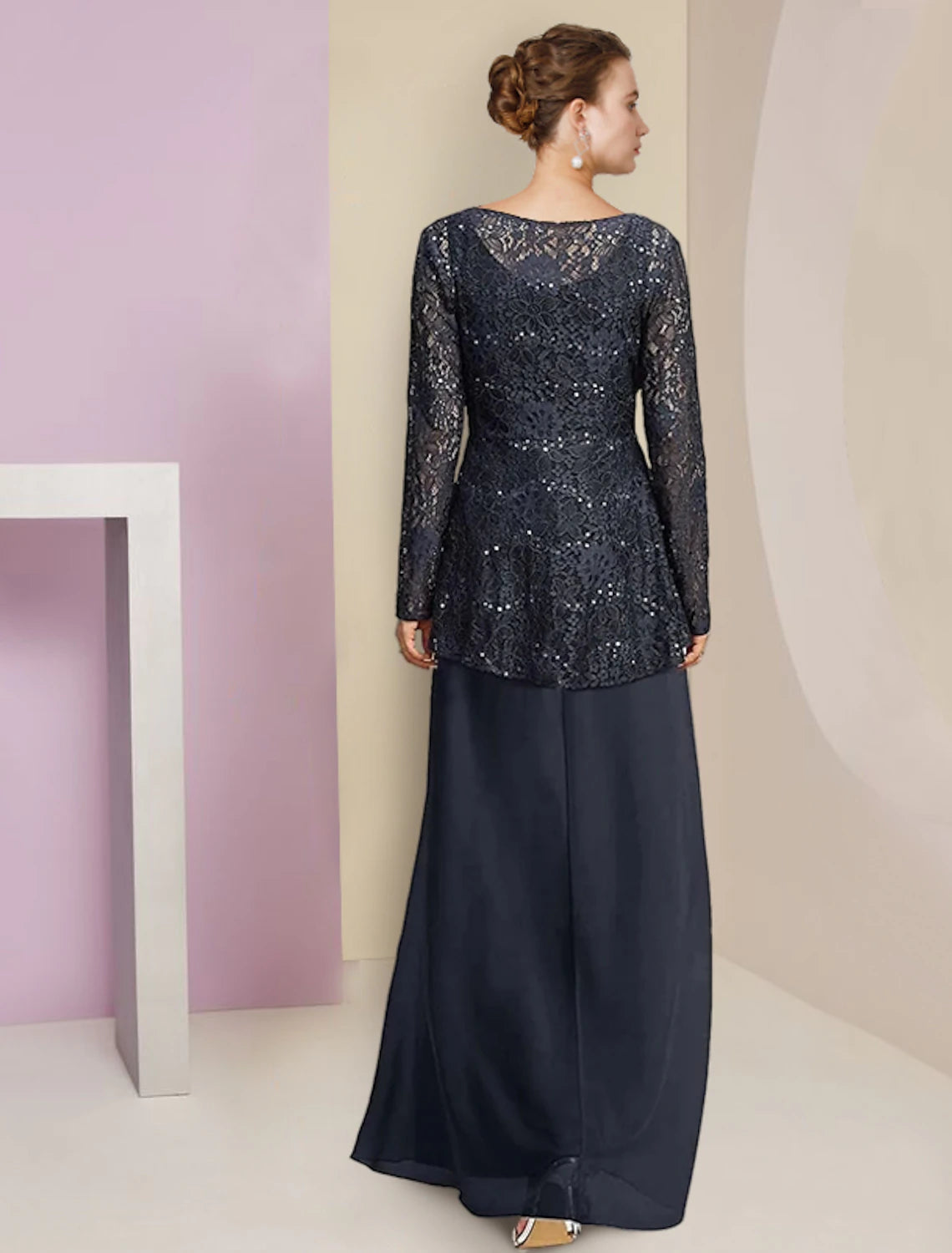 Luolandi A-Line Mother of the Bride Dress Formal Wedding Guest Elegant High Low Scoop Neck Asymmetrical Tea Length Chiffon Lace Long Sleeve